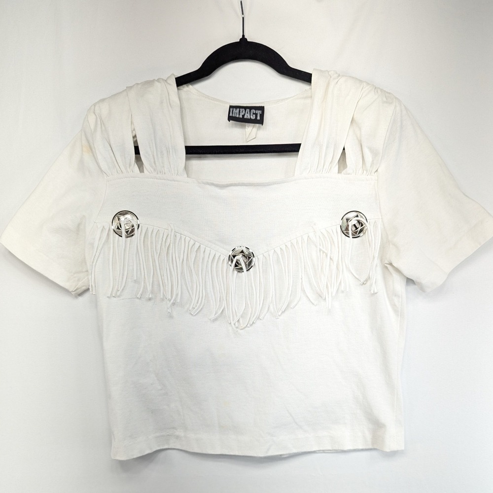 Vintage Impact Western Fringe Concho Top Off White Square Neck Short Sleeve L